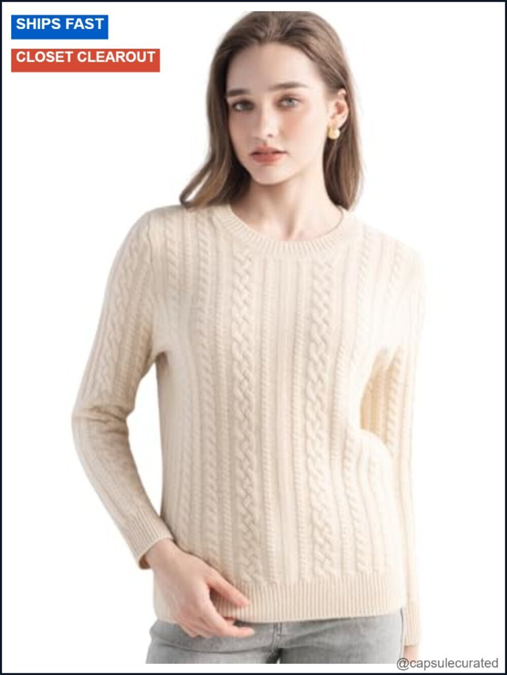 100% Cashmere Crewneck Long Sleeve Cable Pullover Sweater